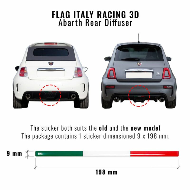 Adesivo 3D bandiera Italia estrattore Abarth modelli compatibili e dimensioni