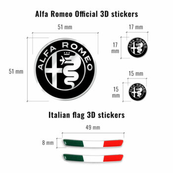 Kit Alfa Romeo loghi adesivi e bandierina per tunnel centrale, dimensioni