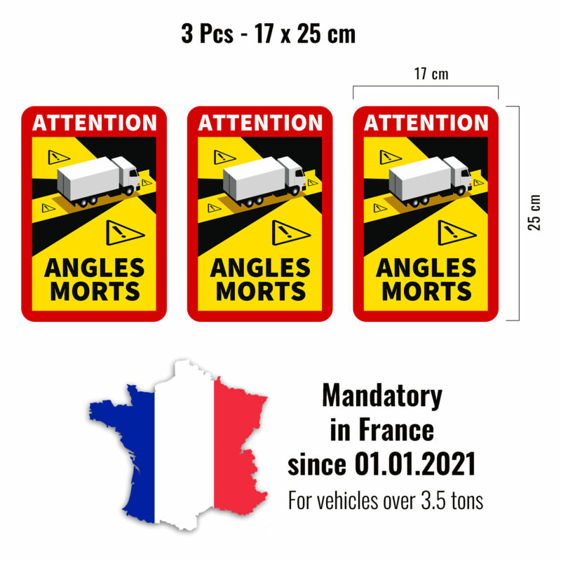 adesivi angoli morti per autocarri francia, 3 pezzi, 17 x 25 cm