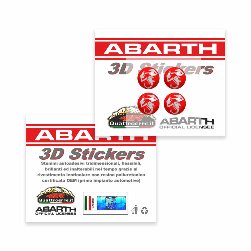 Tappini cappucci coprivalvole auto pneumatici Abarth scorpione rosso, adesivi ufficiali confezione e etichetta