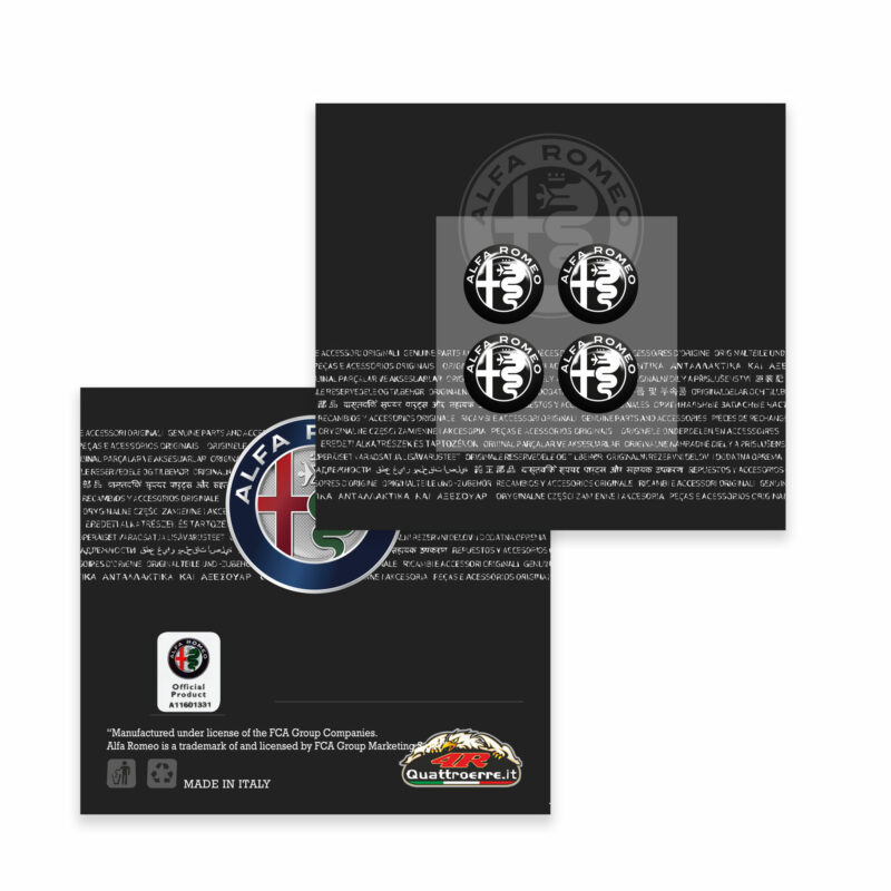 Tappini cappucci coprivalvole auto pneumatici Alfa Romeo bianco e nero, adesivi ufficiali con etichetta